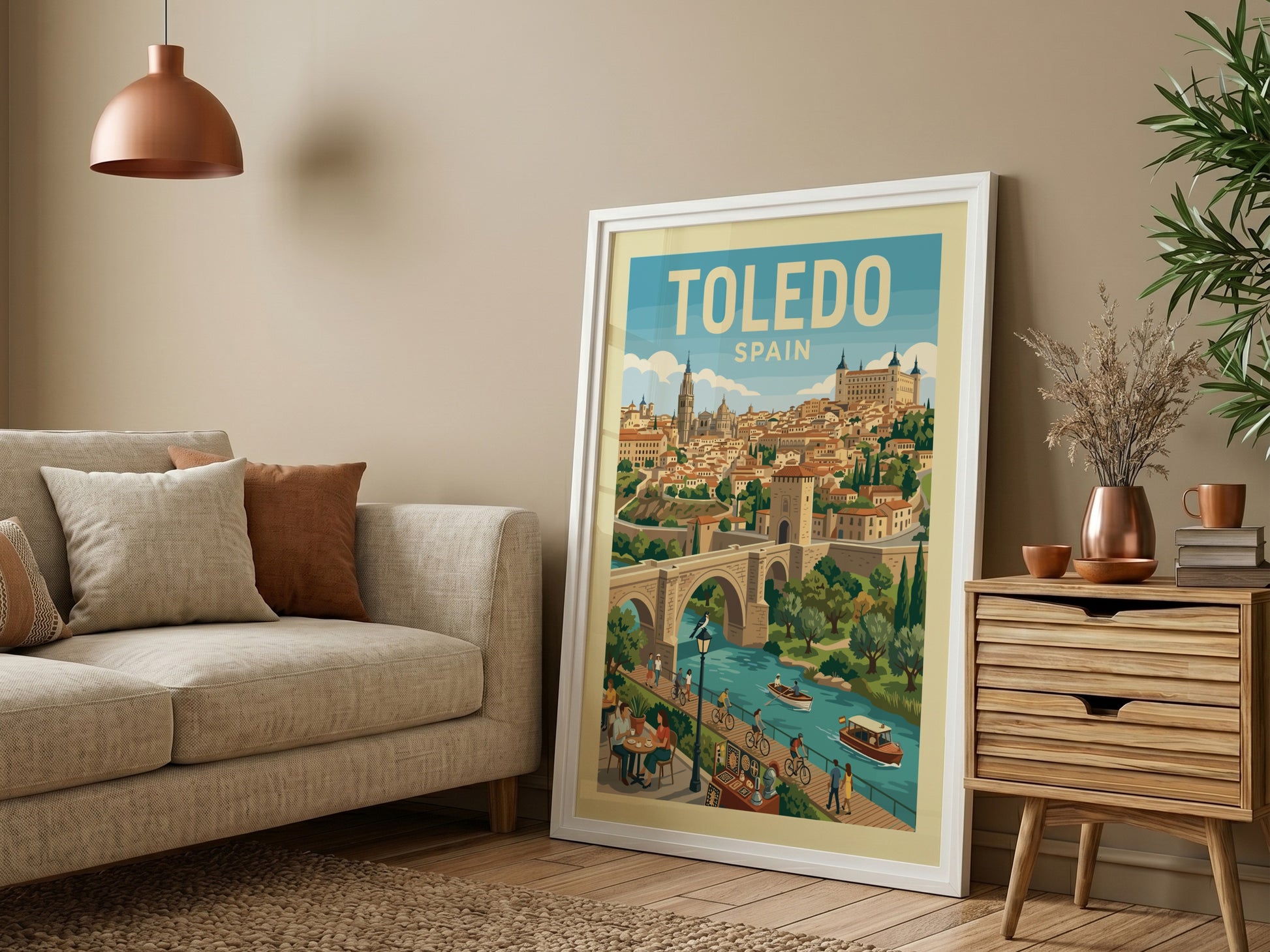 Vintage Toledo Spain travel poster with cityscape, river, and bridge in a warm color palette.