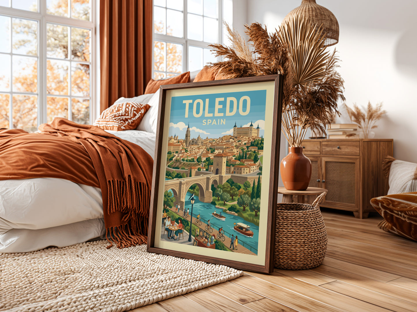 Vintage Toledo Spain travel poster with cityscape, river, and bridge in a warm color palette.