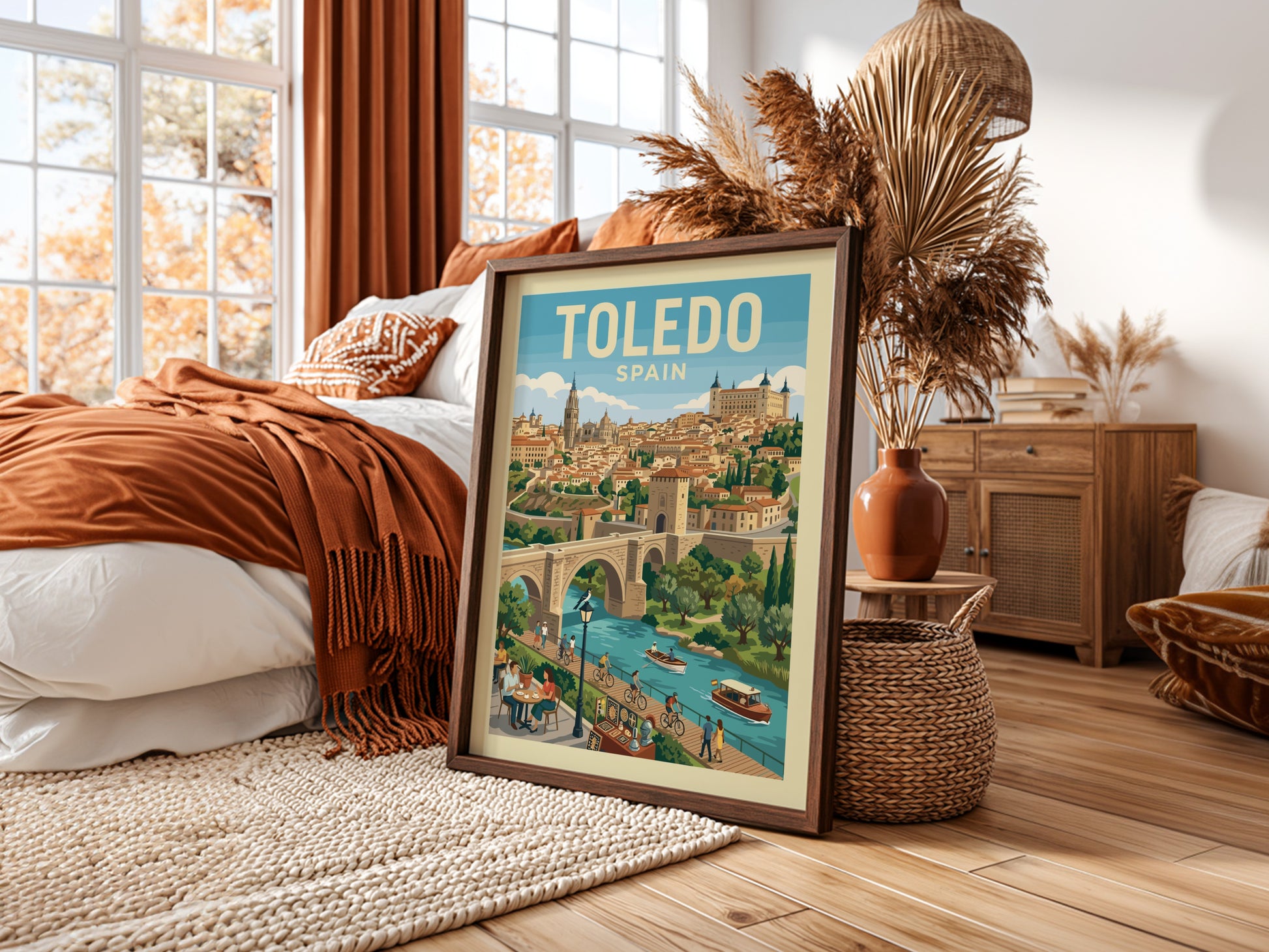 Vintage Toledo Spain travel poster with cityscape, river, and bridge in a warm color palette.