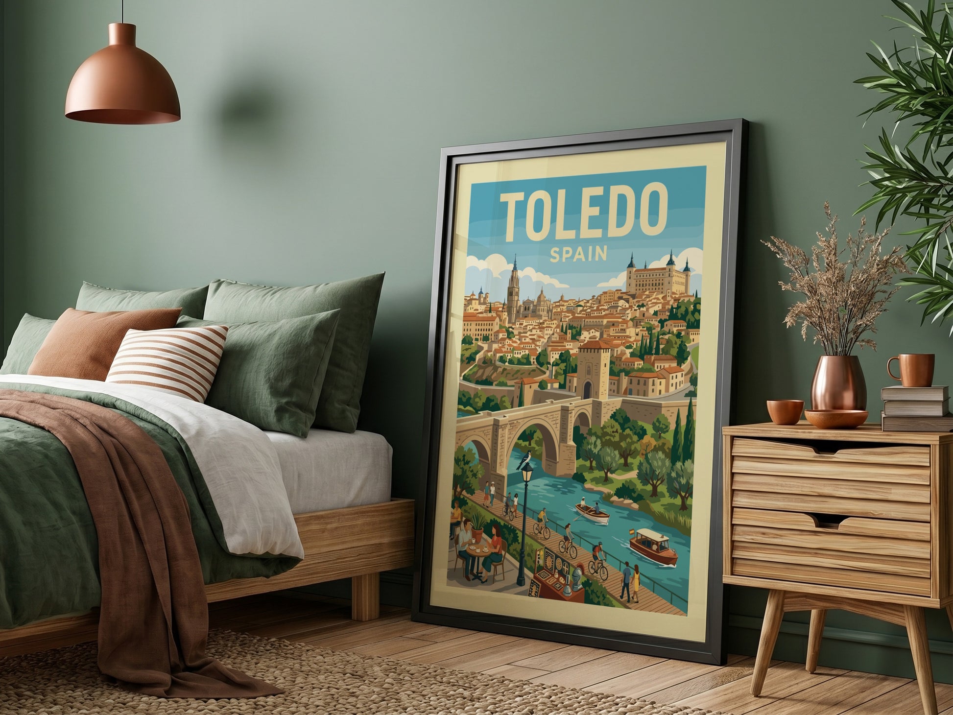 Vintage Toledo Spain travel poster with cityscape, river, and bridge in a warm color palette.