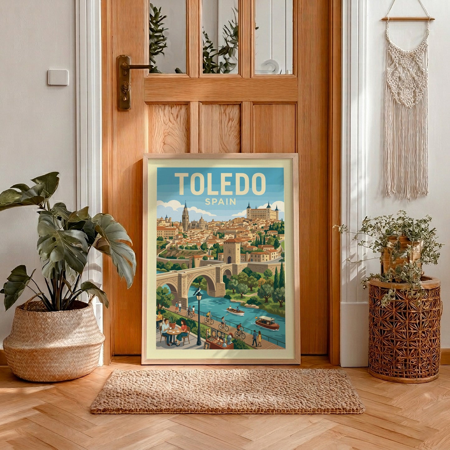 Vintage Toledo Spain travel poster with cityscape, river, and bridge in a warm color palette.