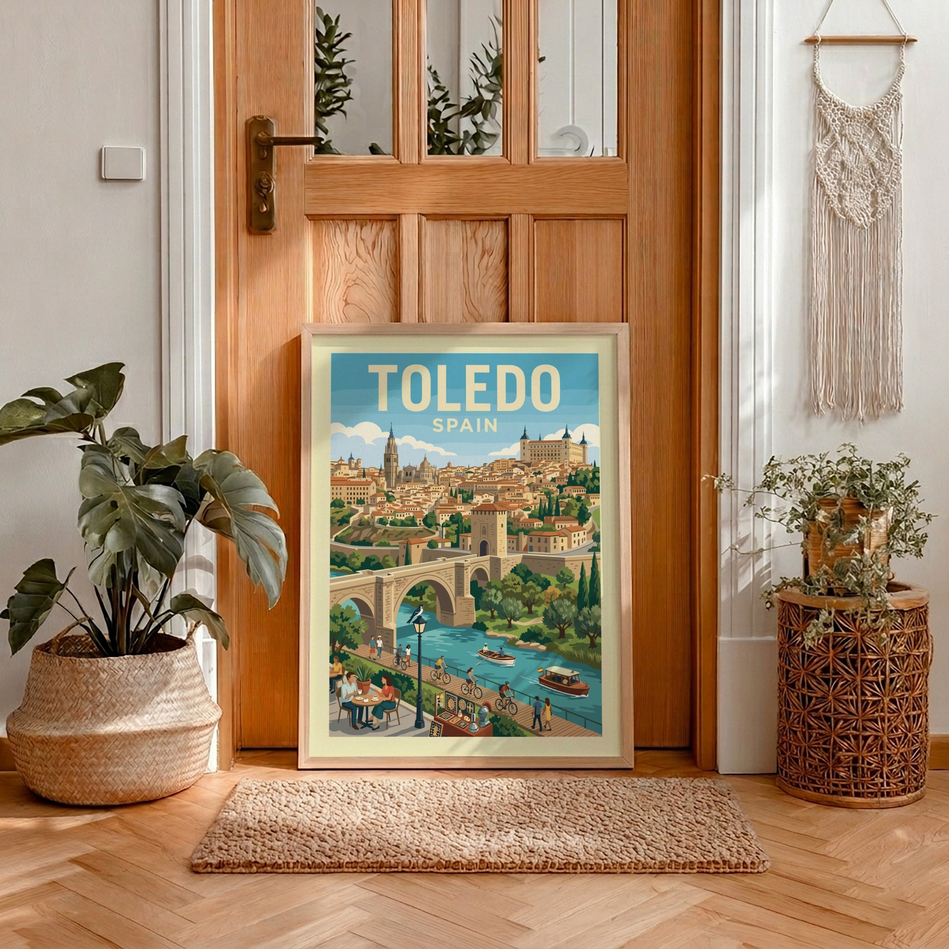 Vintage Toledo Spain travel poster with cityscape, river, and bridge in a warm color palette.