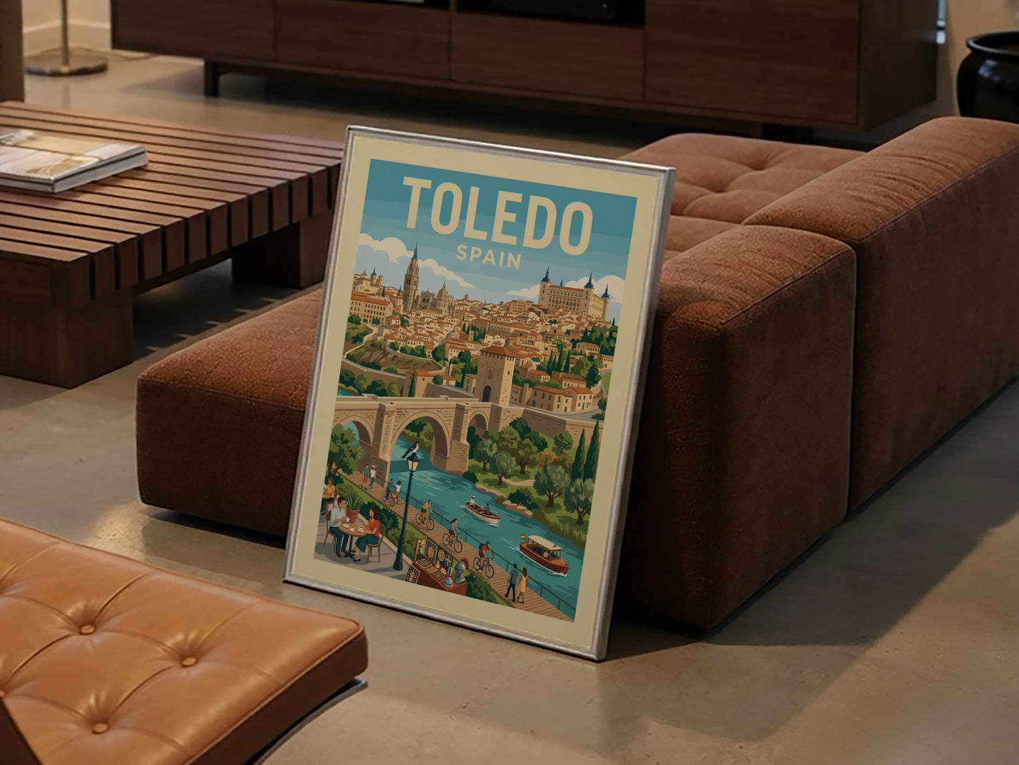 Vintage Toledo Spain travel poster with cityscape, river, and bridge in a warm color palette.