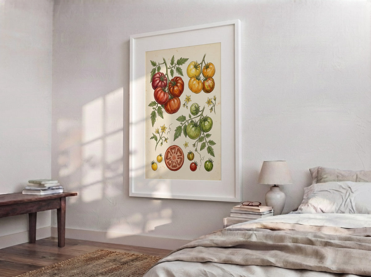 Tomato varieties botanical poster featuring clusters of colorful heirloom tomatoes and vines on cream.