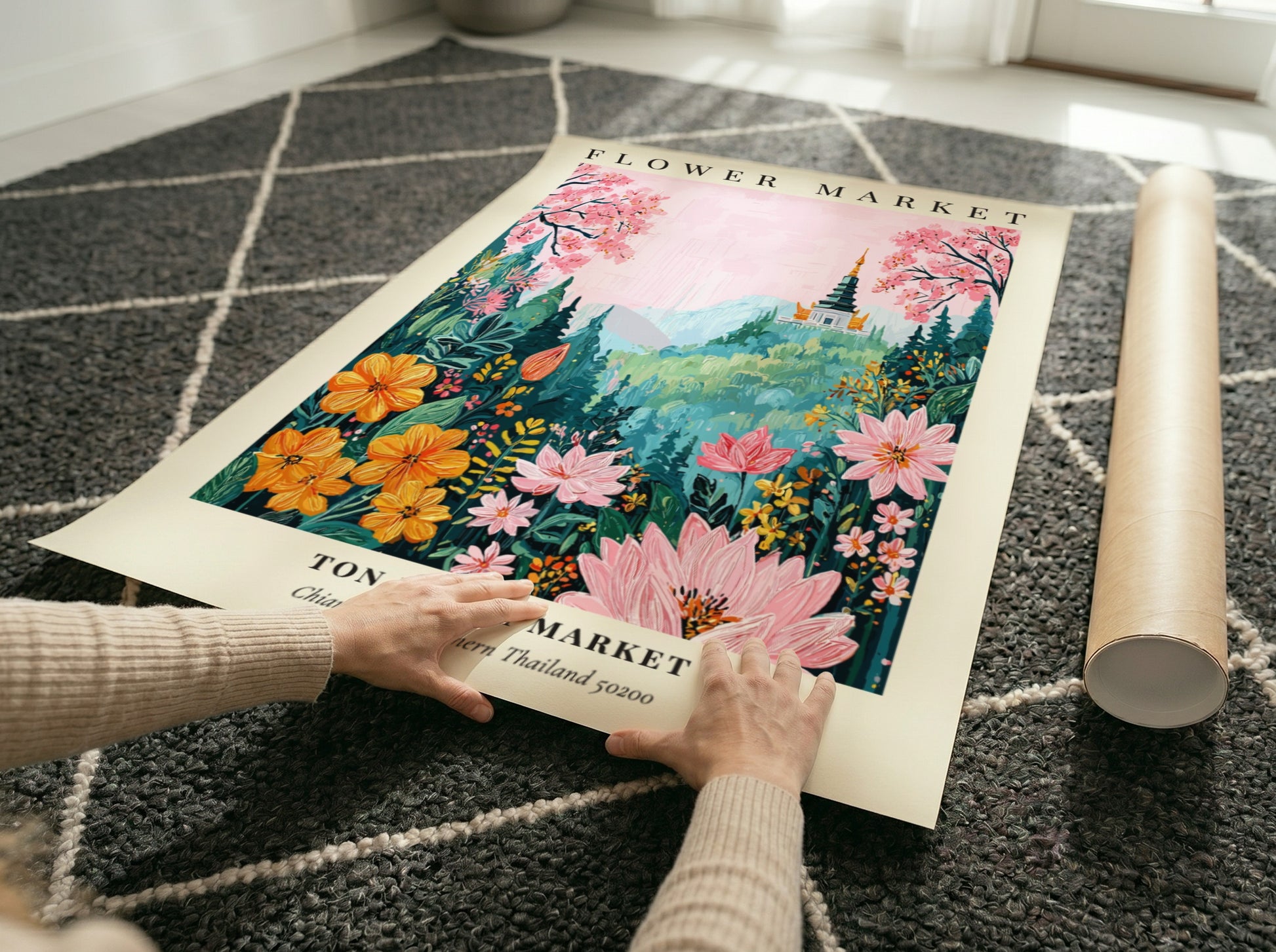 Flower market art print featuring vibrant blossoms and a serene mountain backdrop in soft pinks and yellows.