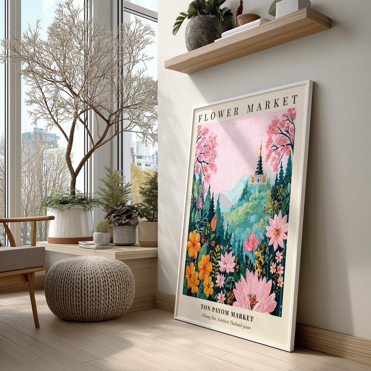 Flower market art print featuring vibrant blossoms and a serene mountain backdrop in soft pinks and yellows.