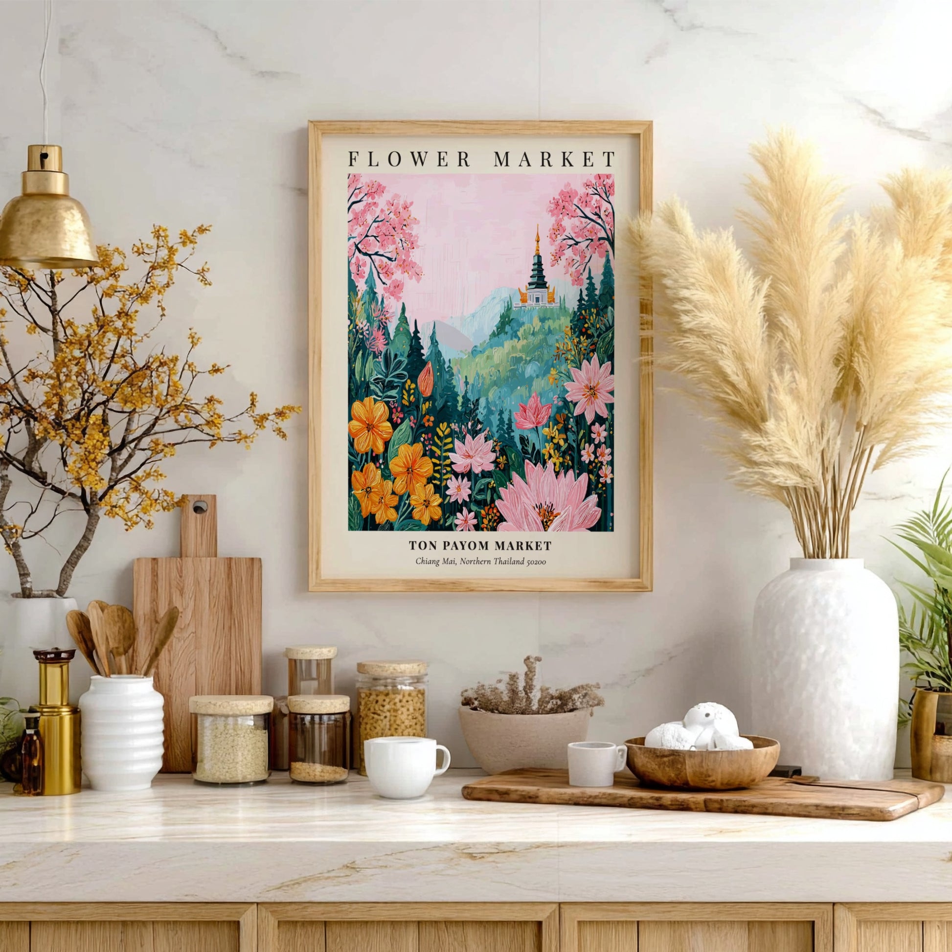 Flower market art print featuring vibrant blossoms and a serene mountain backdrop in soft pinks and yellows.