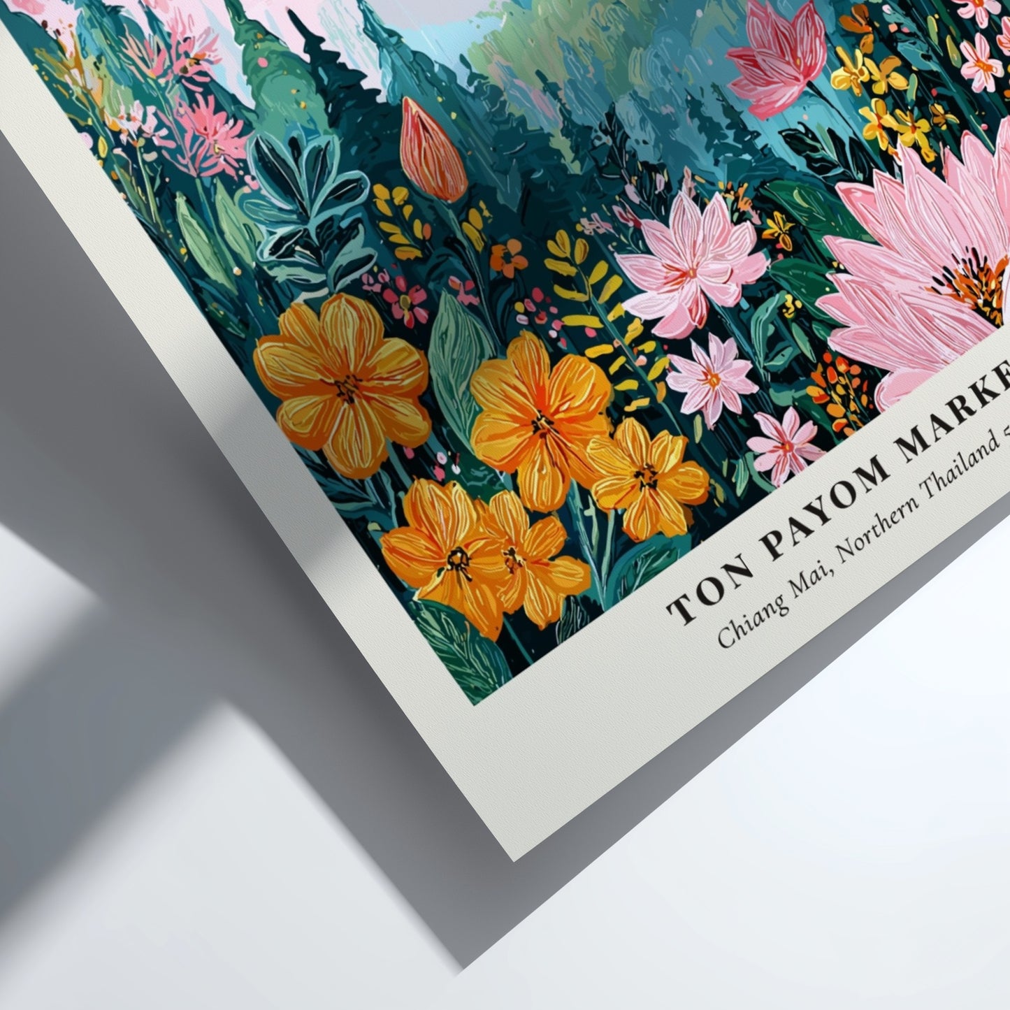 Flower market art print featuring vibrant blossoms and a serene mountain backdrop in soft pinks and yellows.