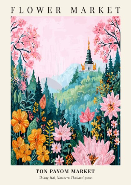 Flower market art print featuring vibrant blossoms and a serene mountain backdrop in soft pinks and yellows.