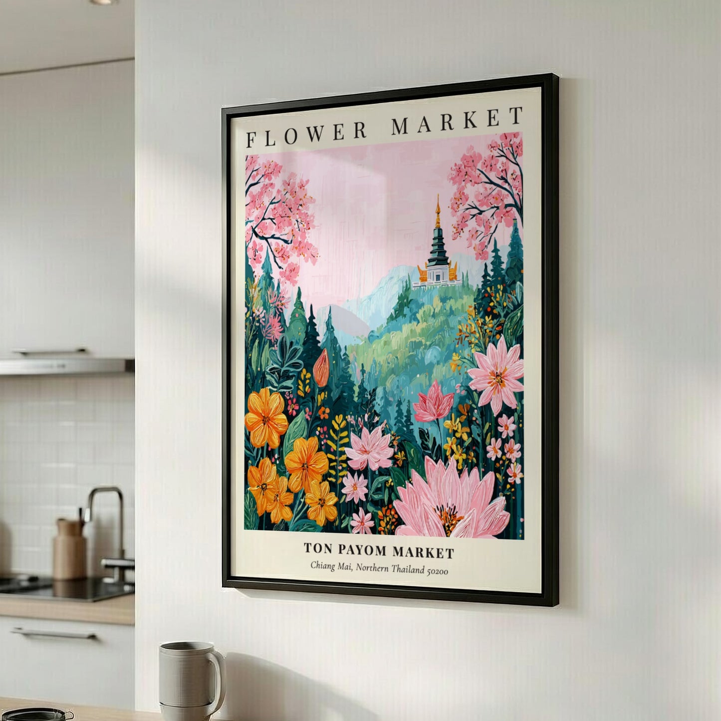 Flower market art print featuring vibrant blossoms and a serene mountain backdrop in soft pinks and yellows.