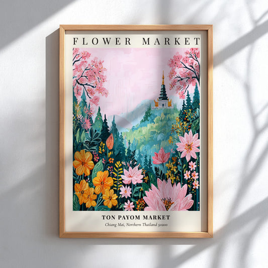 Flower market art print featuring vibrant blossoms and a serene mountain backdrop in soft pinks and yellows.