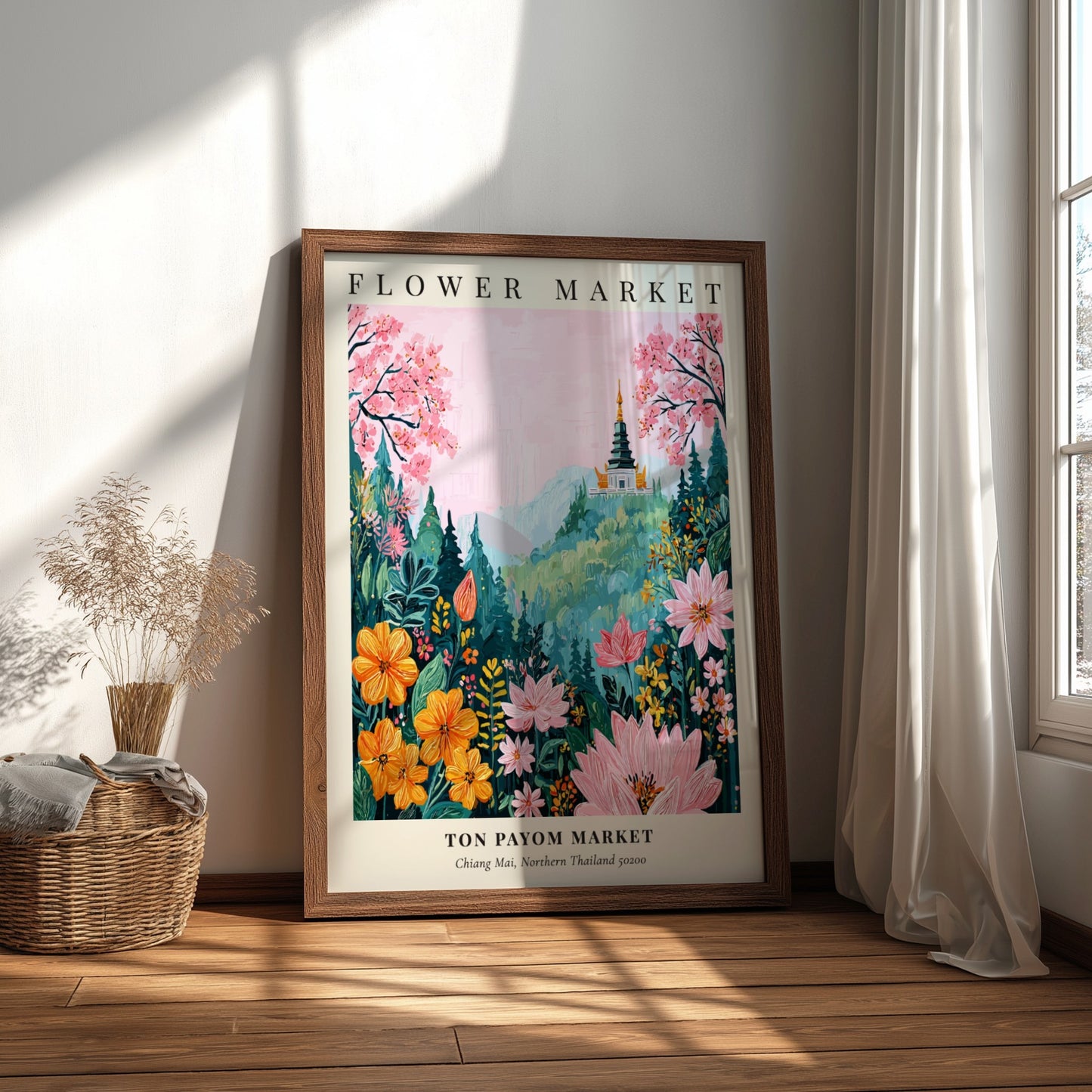 Flower market art print featuring vibrant blossoms and a serene mountain backdrop in soft pinks and yellows.
