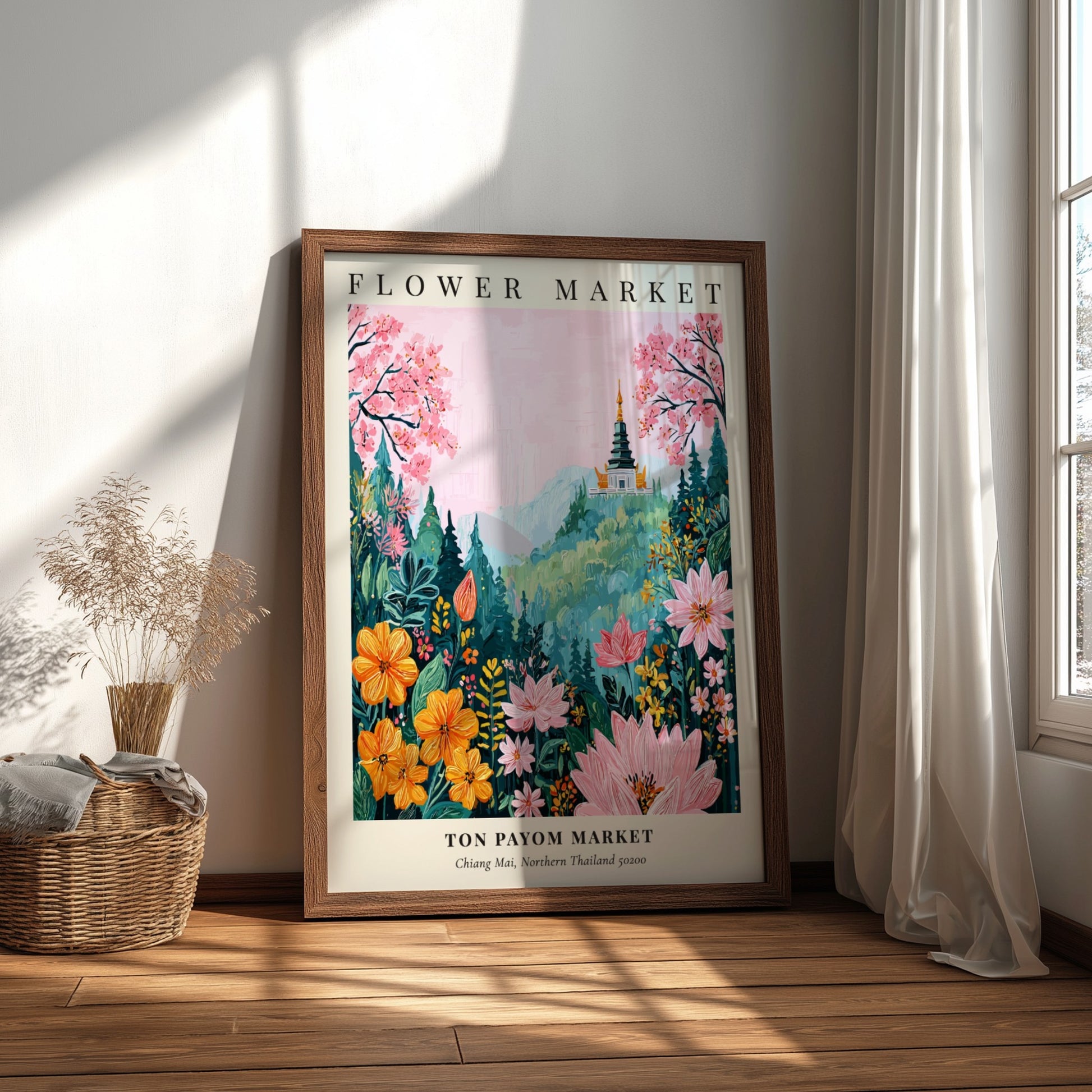 Flower market art print featuring vibrant blossoms and a serene mountain backdrop in soft pinks and yellows.