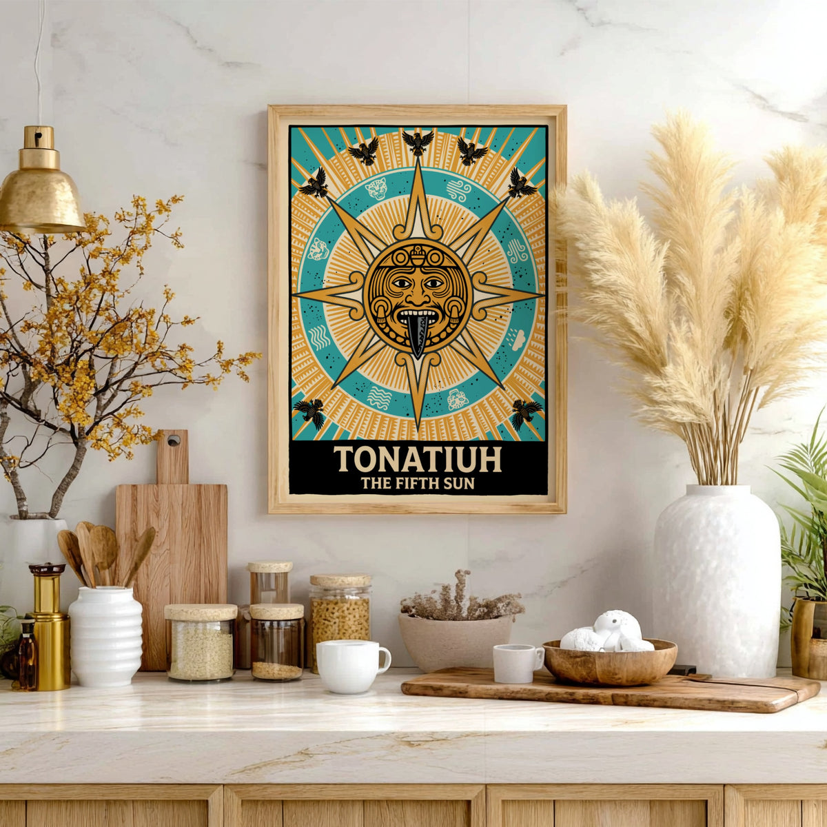 Poster featuring Tonatiuh the Fifth Sun with golden solar deity and eagle motifs.