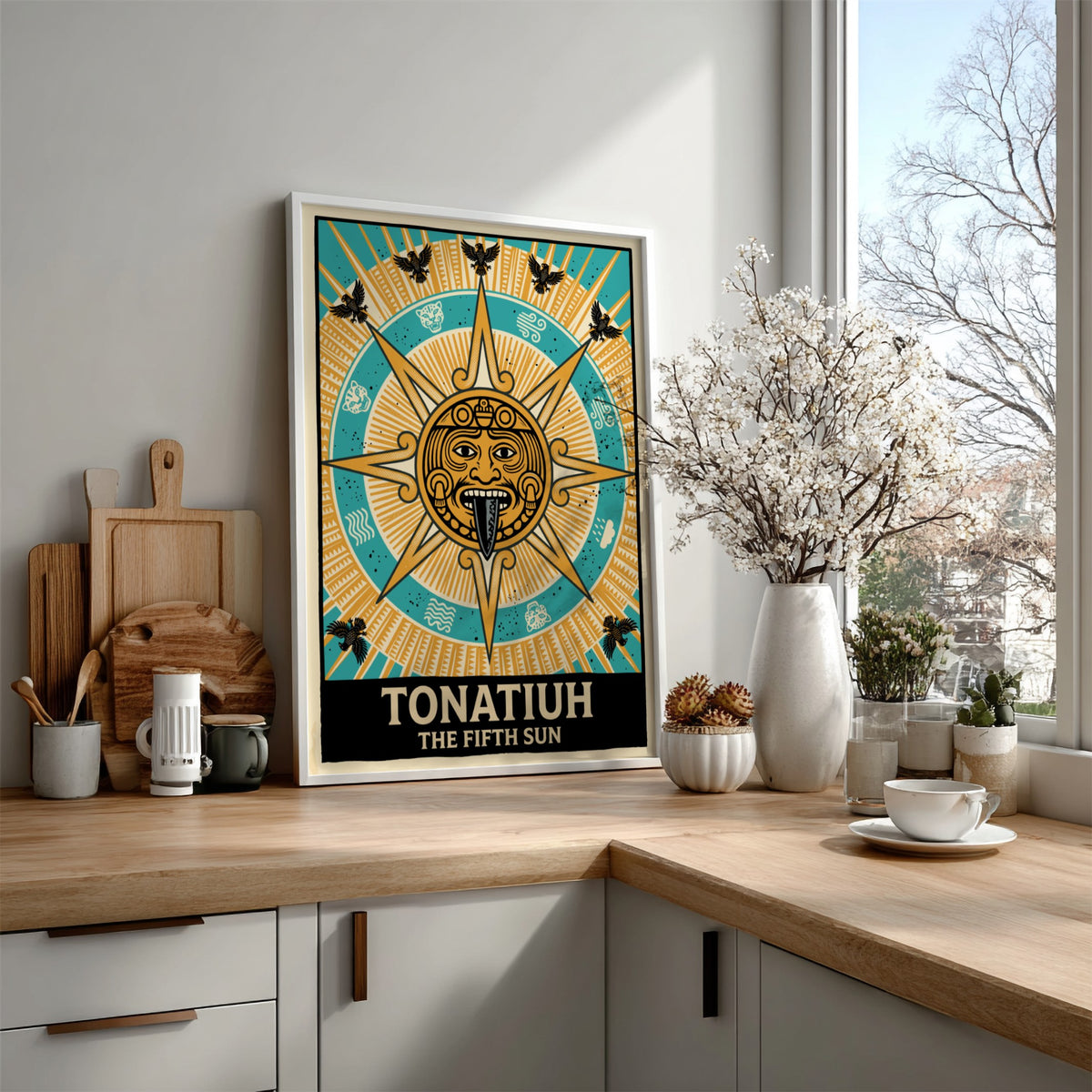 Poster featuring Tonatiuh the Fifth Sun with golden solar deity and eagle motifs.