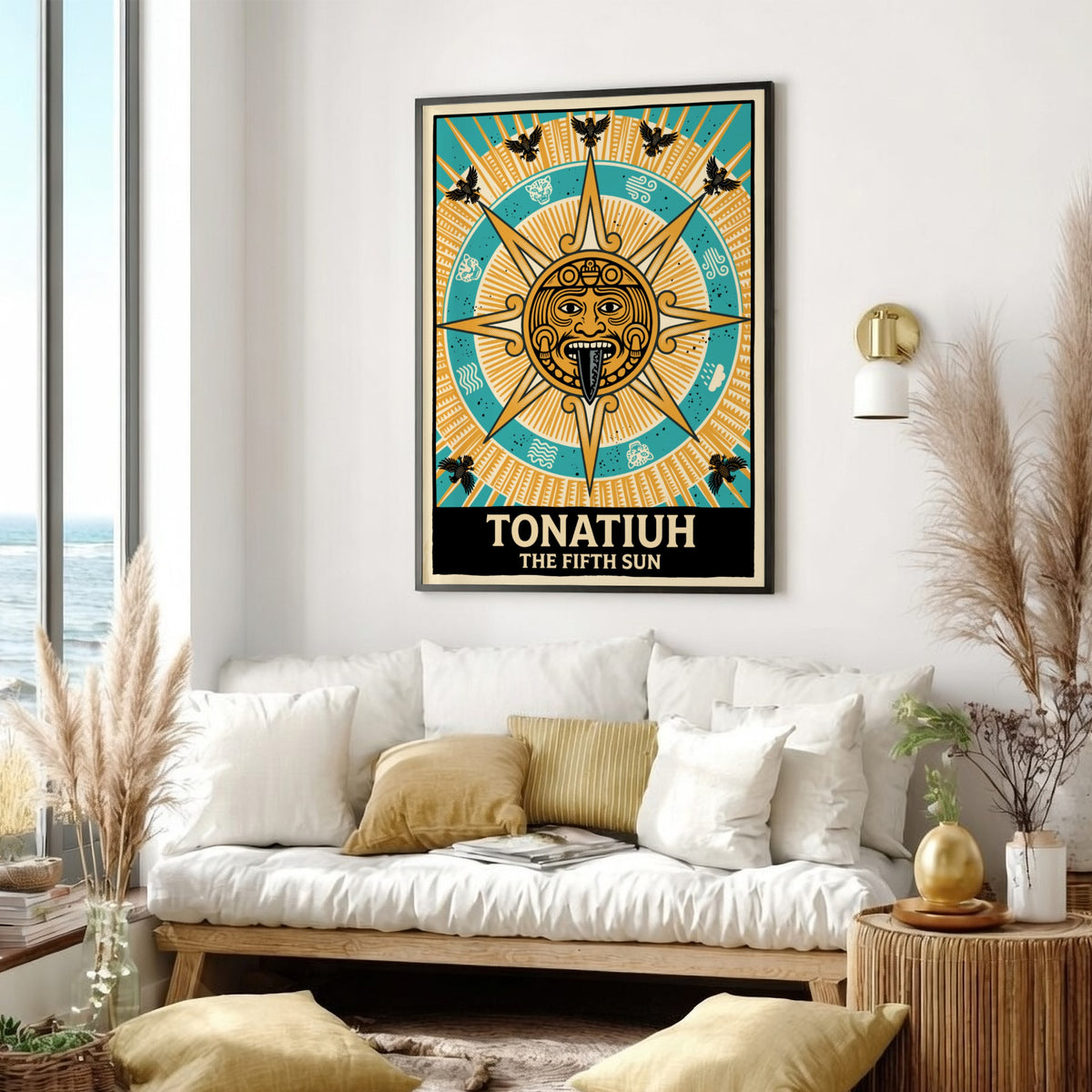 Poster featuring Tonatiuh the Fifth Sun with golden solar deity and eagle motifs.