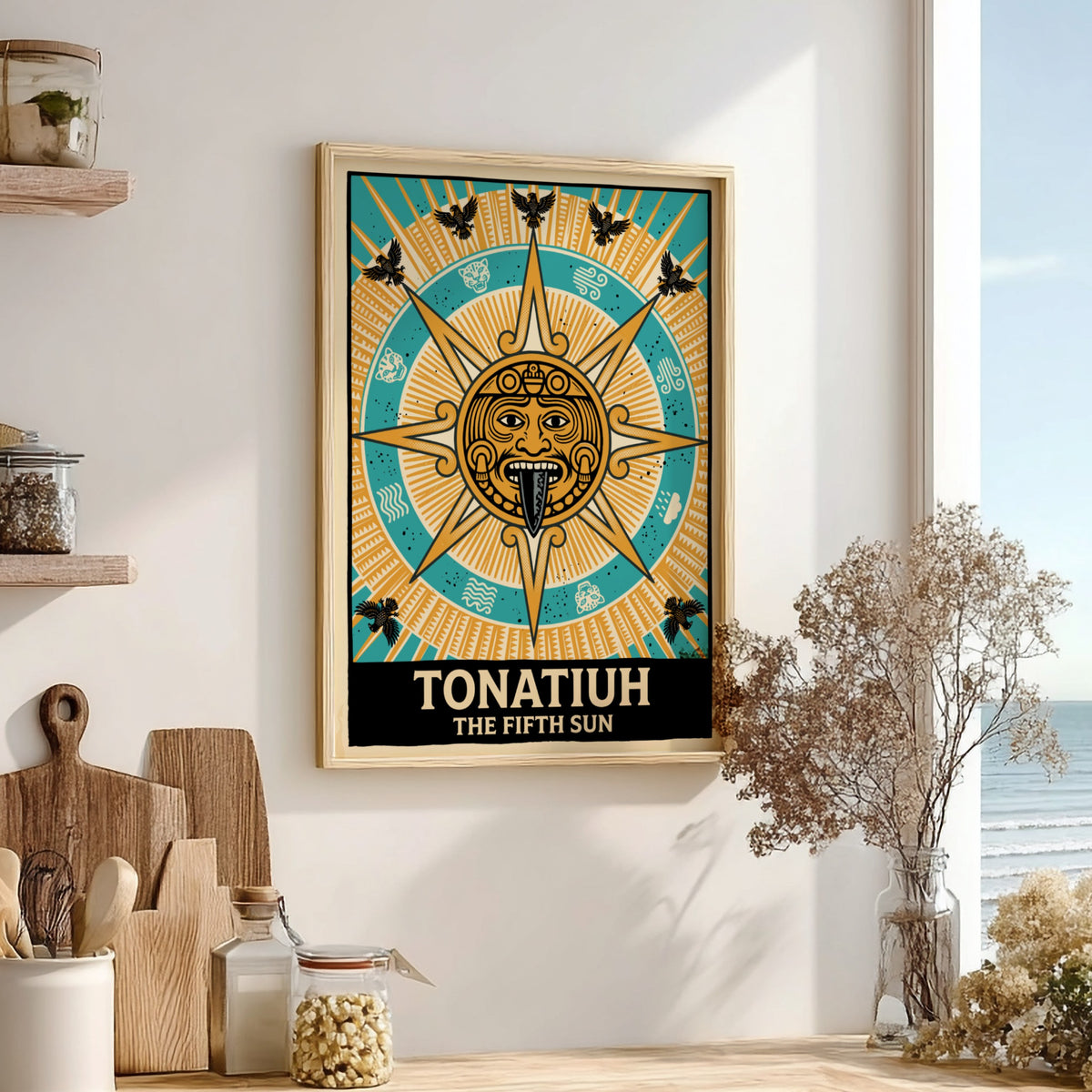 Poster featuring Tonatiuh the Fifth Sun with golden solar deity and eagle motifs.