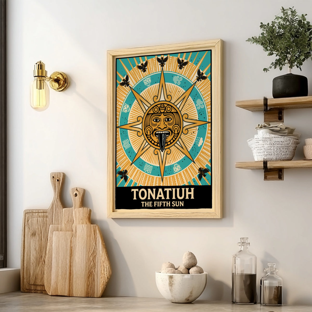 Poster featuring Tonatiuh the Fifth Sun with golden solar deity and eagle motifs.