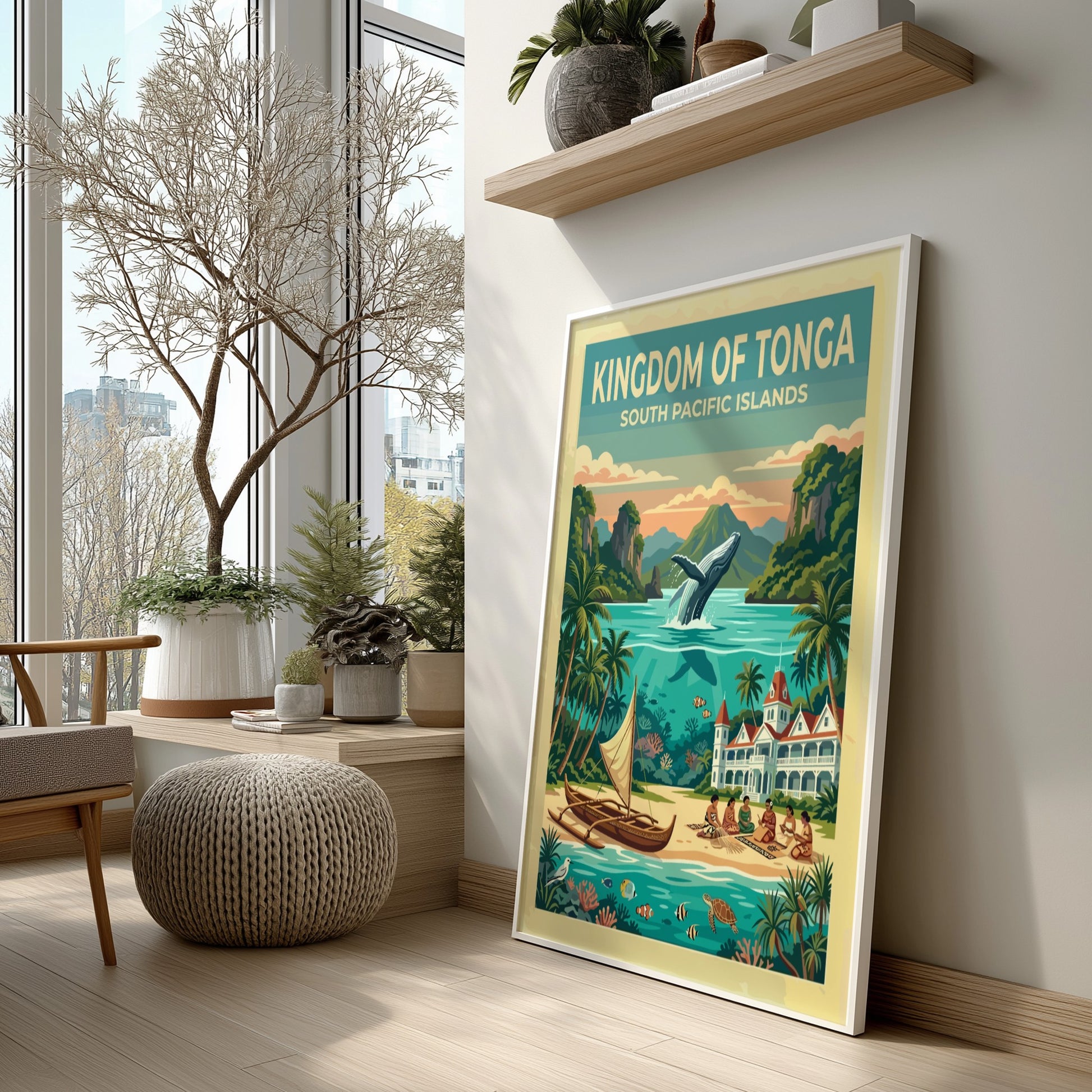 Kingdom of Tonga travel poster featuring a leaping humpback whale and tropical island scenery.