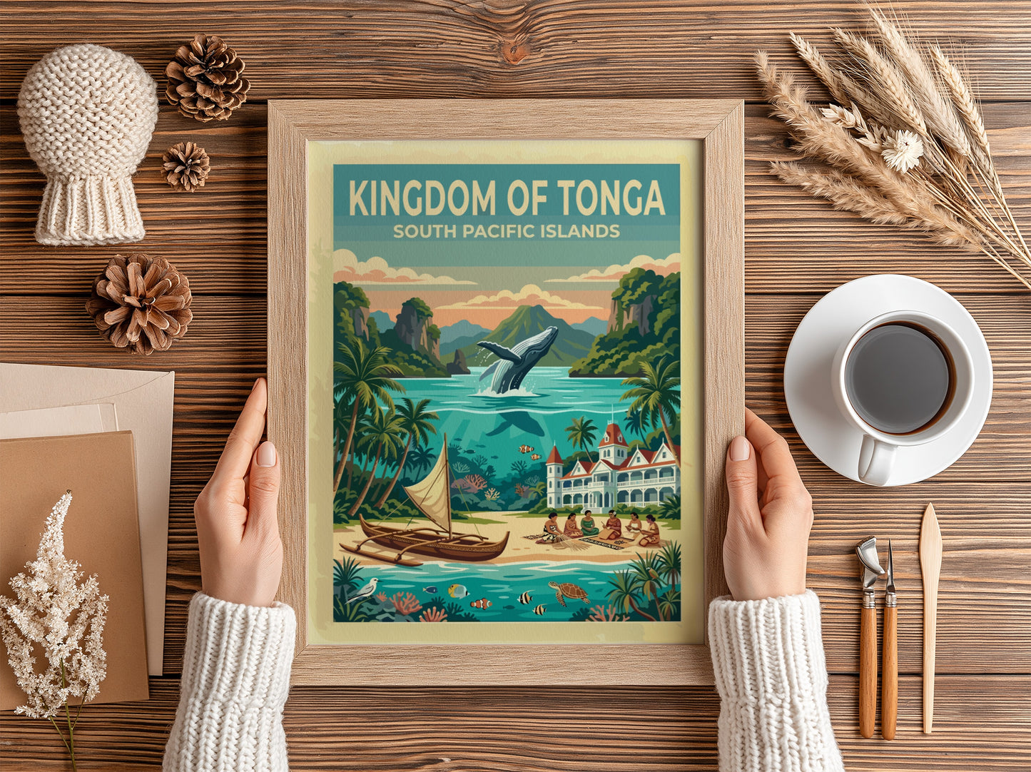Kingdom of Tonga travel poster featuring a leaping humpback whale and tropical island scenery.