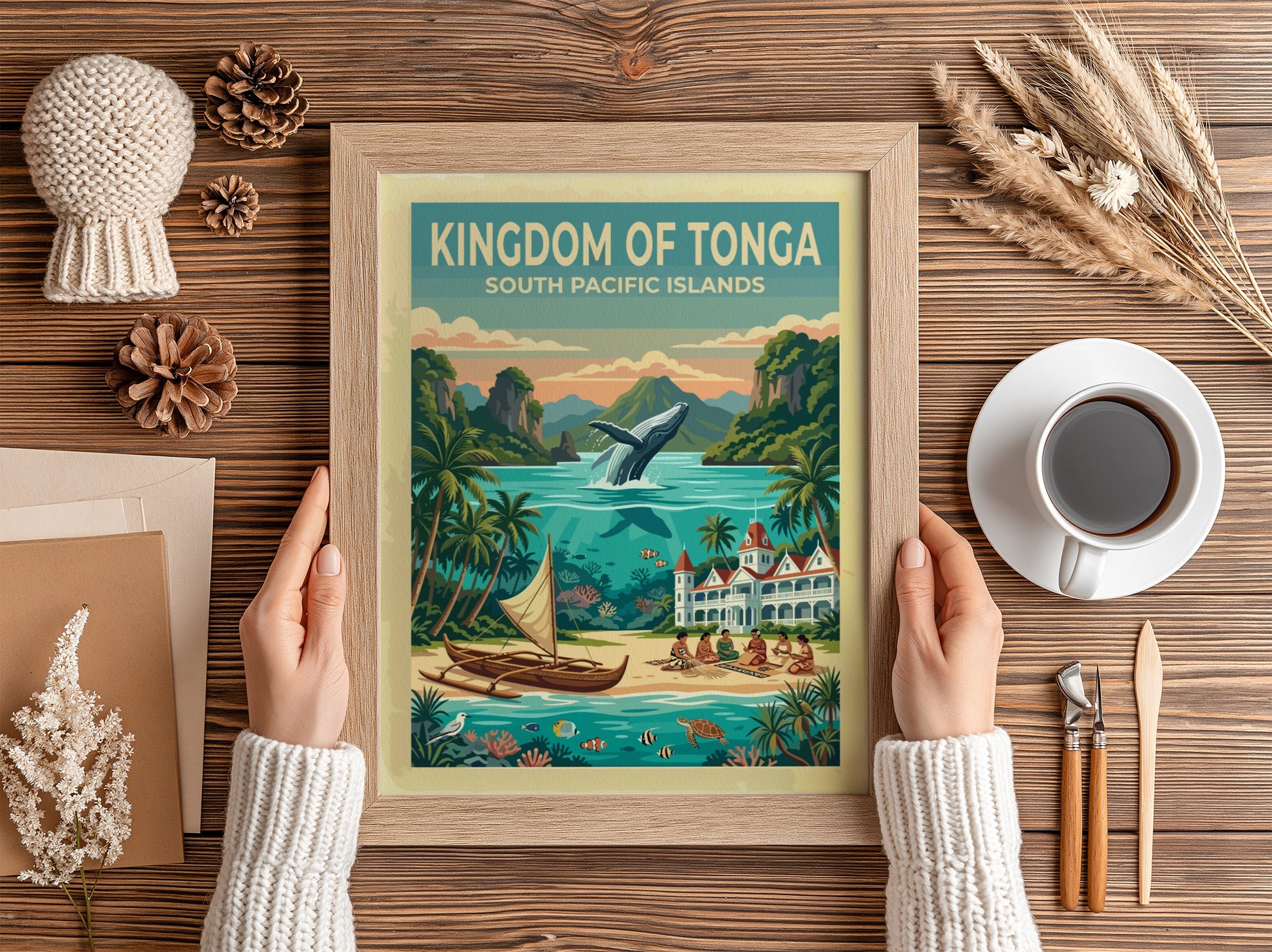 Kingdom of Tonga travel poster featuring a leaping humpback whale and tropical island scenery.