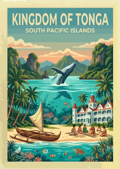 Kingdom of Tonga travel poster featuring a leaping humpback whale and tropical island scenery.