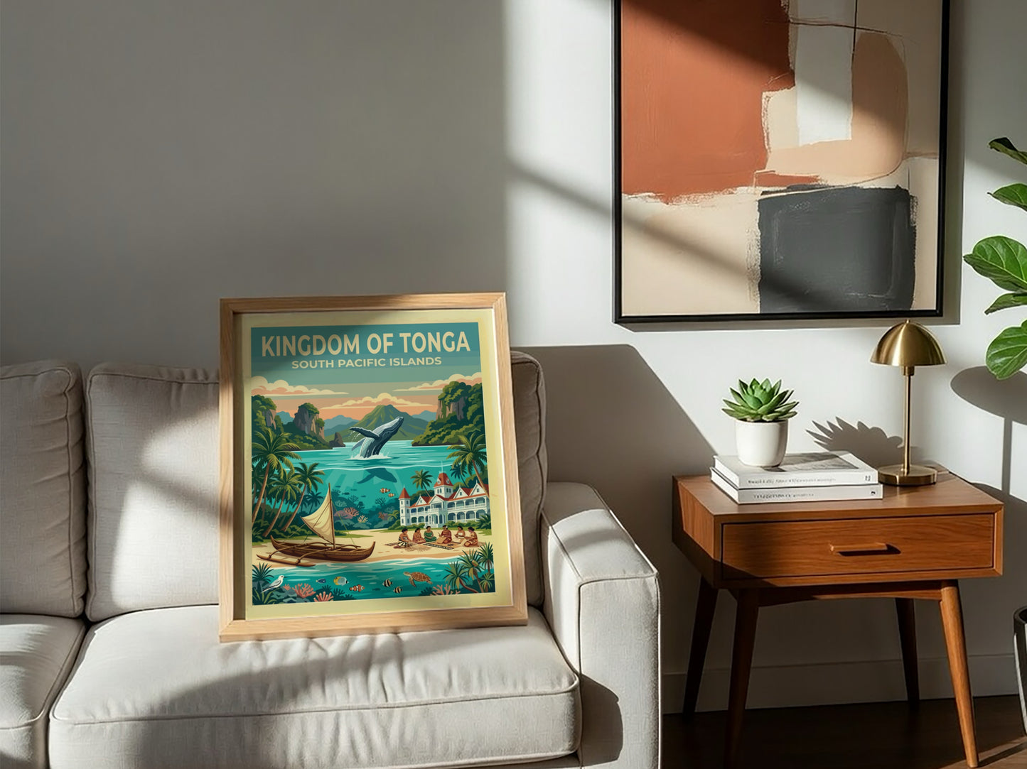 Kingdom of Tonga travel poster featuring a leaping humpback whale and tropical island scenery.