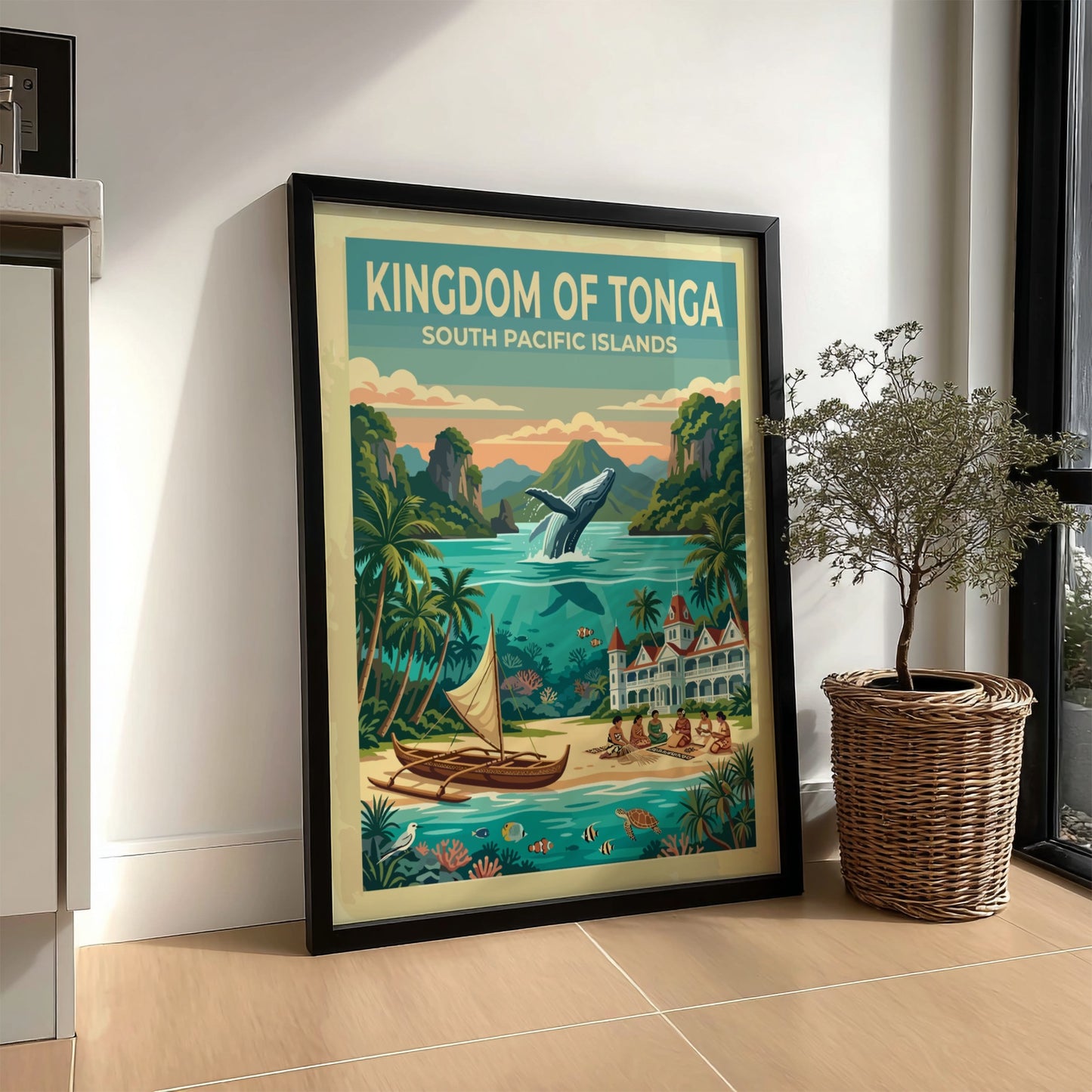 Kingdom of Tonga travel poster featuring a leaping humpback whale and tropical island scenery.
