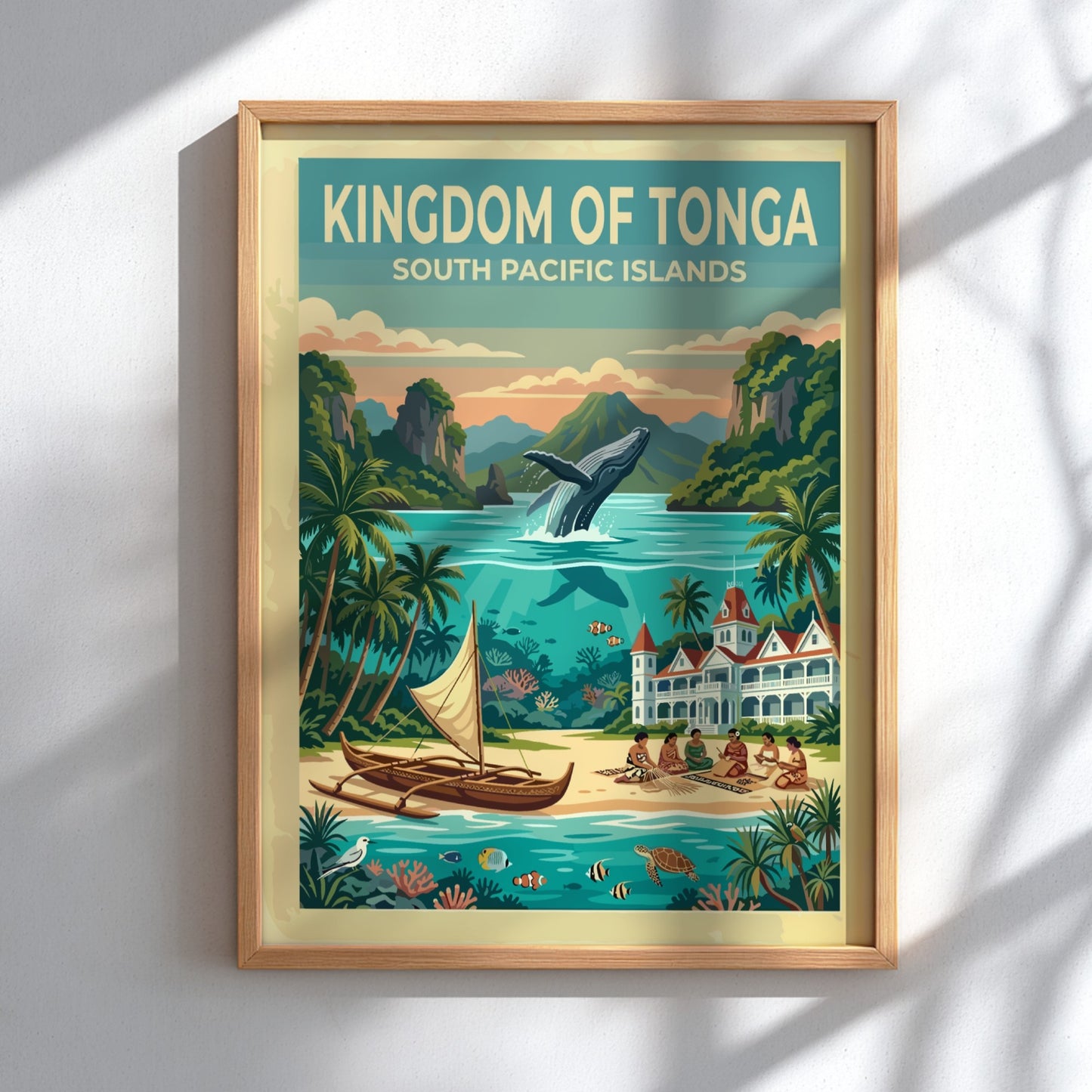 Kingdom of Tonga travel poster featuring a leaping humpback whale and tropical island scenery.