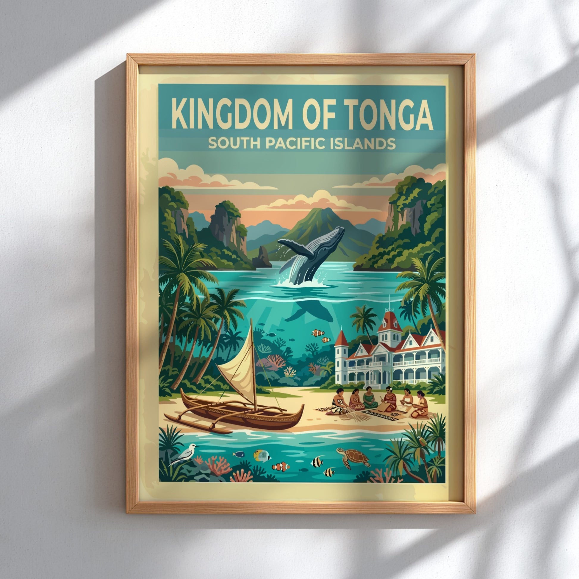 Kingdom of Tonga travel poster featuring a leaping humpback whale and tropical island scenery.
