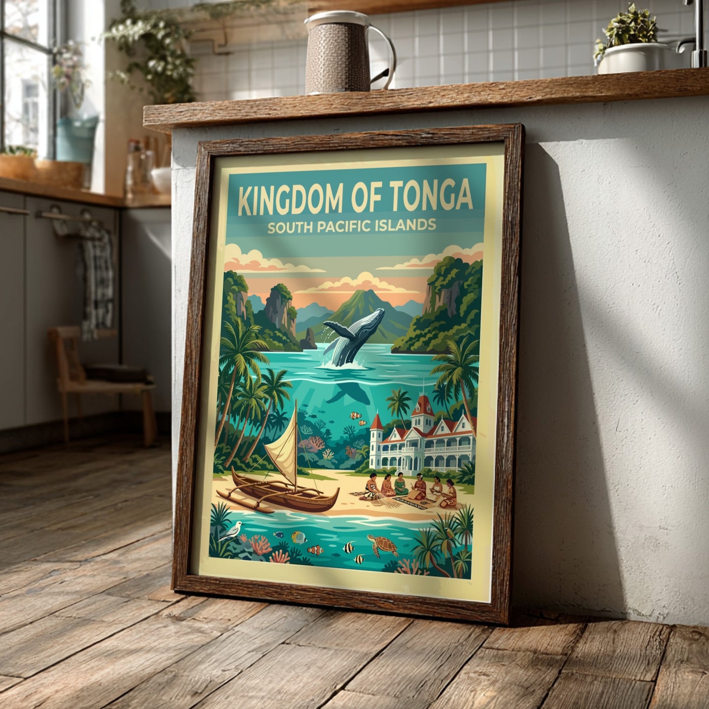 Kingdom of Tonga travel poster featuring a leaping humpback whale and tropical island scenery.