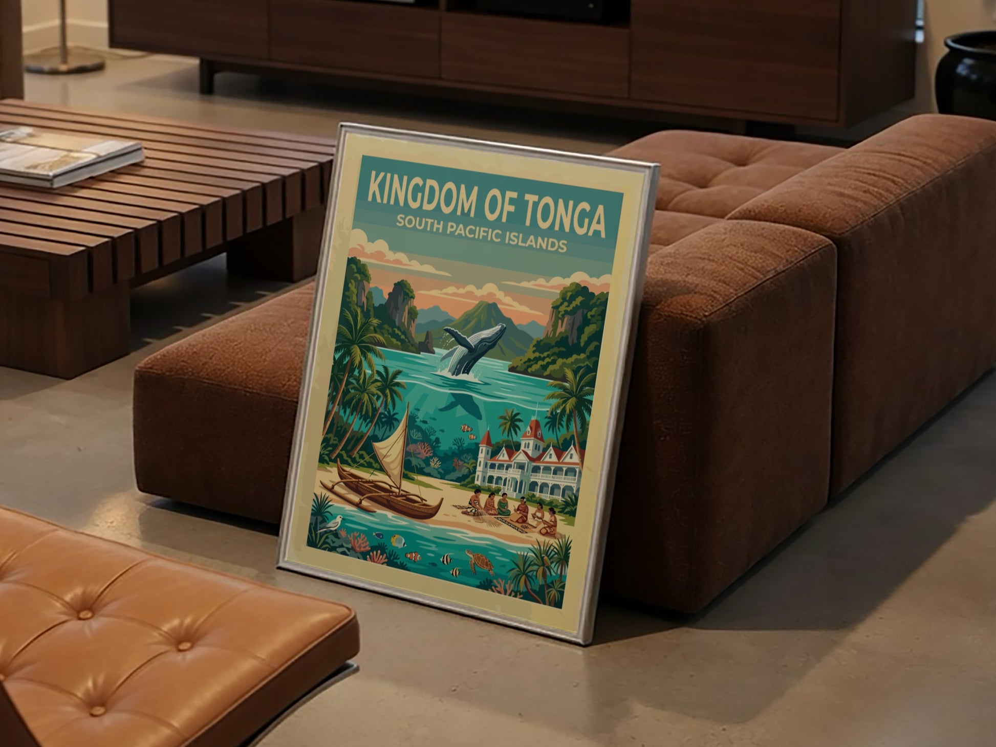 Kingdom of Tonga travel poster featuring a leaping humpback whale and tropical island scenery.