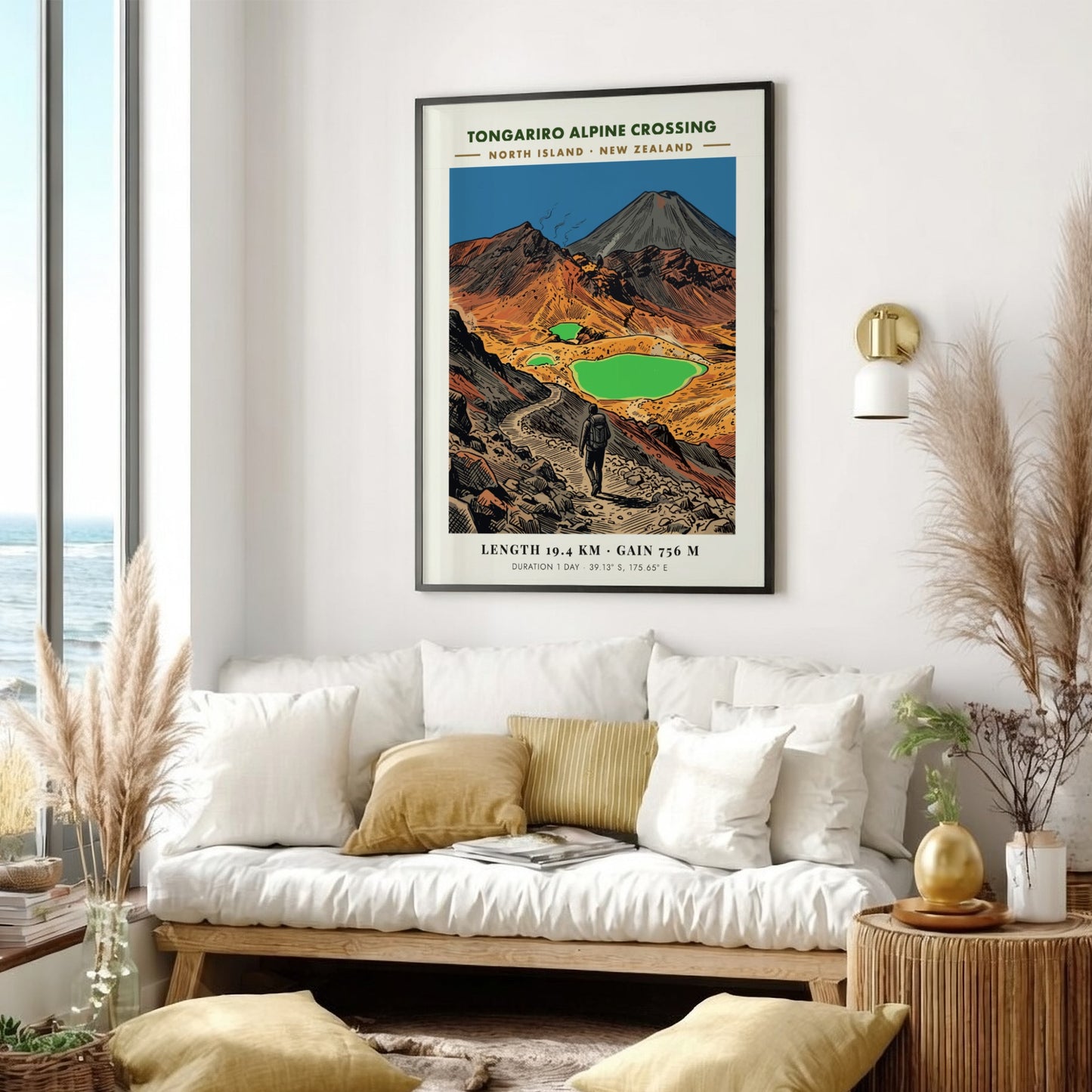 Poster of the Tongariro Alpine Crossing with a hiker on a rocky trail