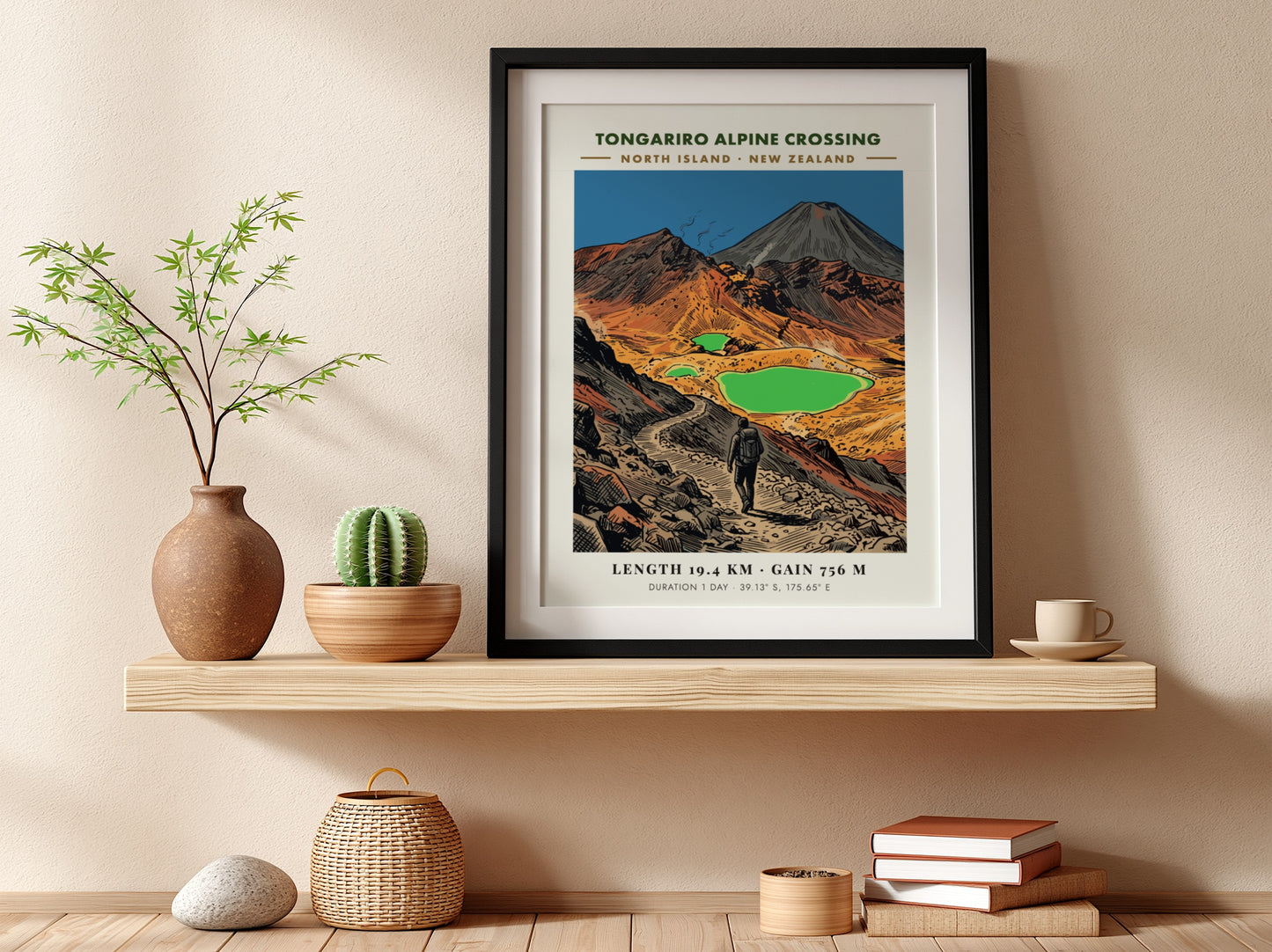 Poster of the Tongariro Alpine Crossing with a hiker on a rocky trail