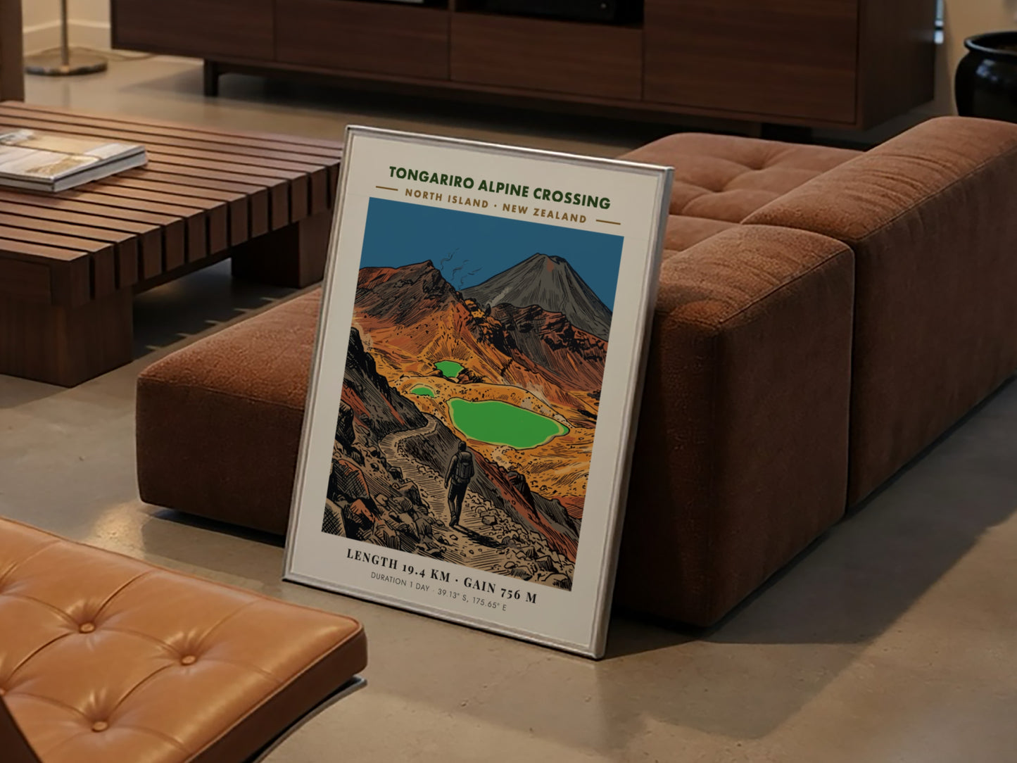Poster of the Tongariro Alpine Crossing with a hiker on a rocky trail
