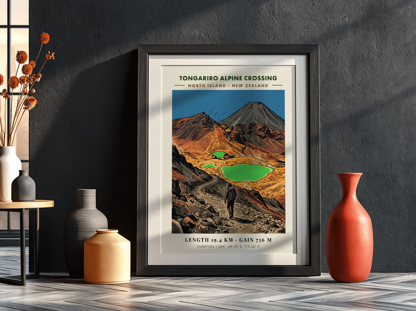 Poster of the Tongariro Alpine Crossing with a hiker on a rocky trail