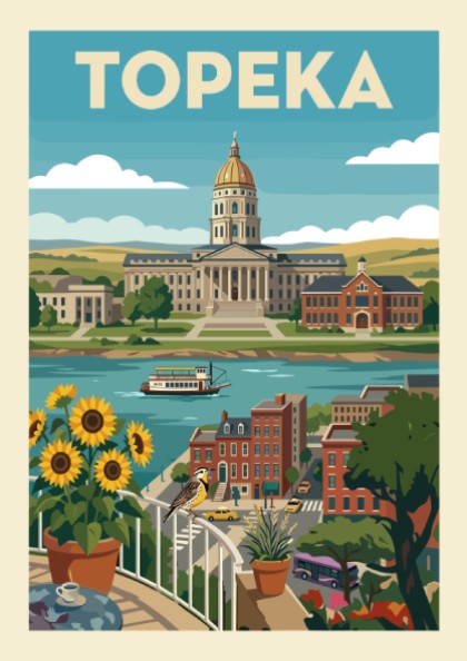 Retro illustration poster of Topeka, Kansas, featuring the State Capitol building, river, and sunflowers.