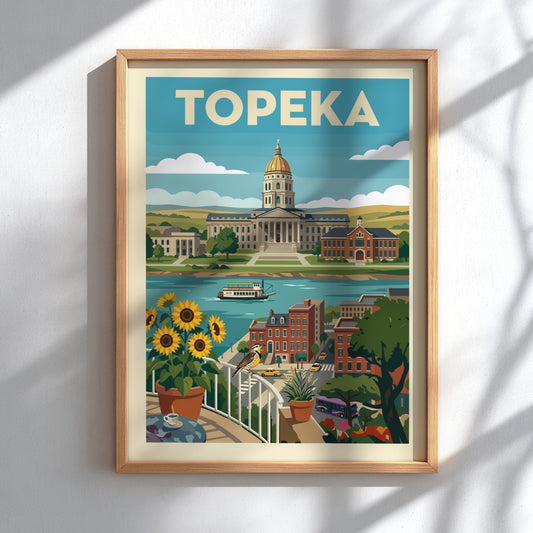 Retro illustration poster of Topeka, Kansas, featuring the State Capitol building, river, and sunflowers.