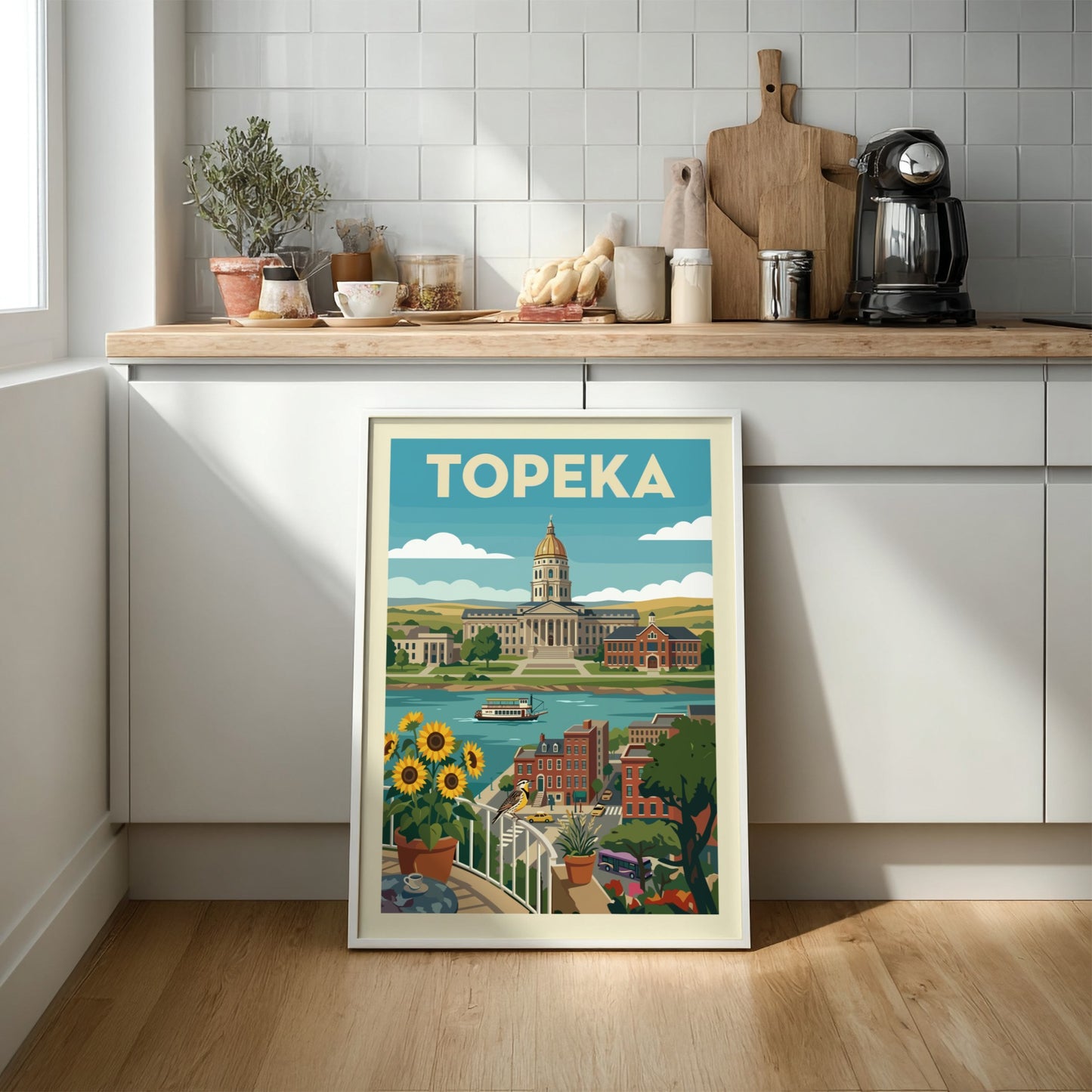 Retro illustration poster of Topeka, Kansas, featuring the State Capitol building, river, and sunflowers.