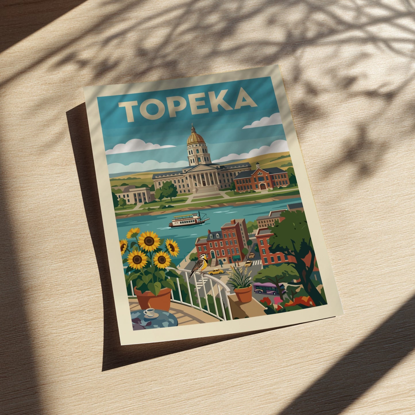 Retro illustration poster of Topeka, Kansas, featuring the State Capitol building, river, and sunflowers.