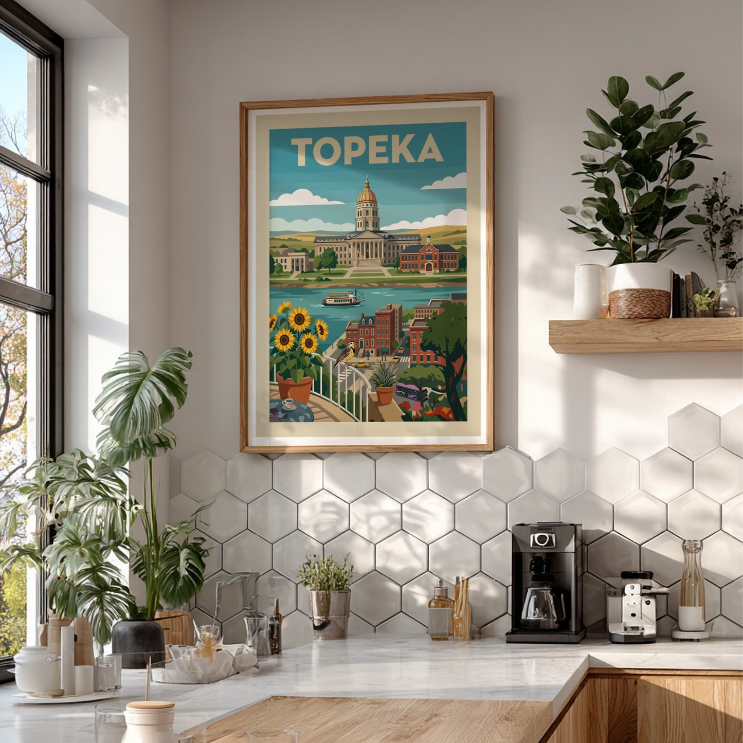 Retro illustration poster of Topeka, Kansas, featuring the State Capitol building, river, and sunflowers.