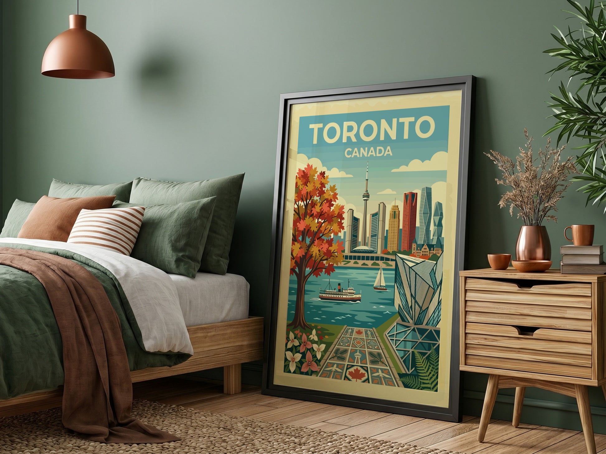 Toronto skyline travel poster with autumn tree and waterfront. Retro cityscape art.