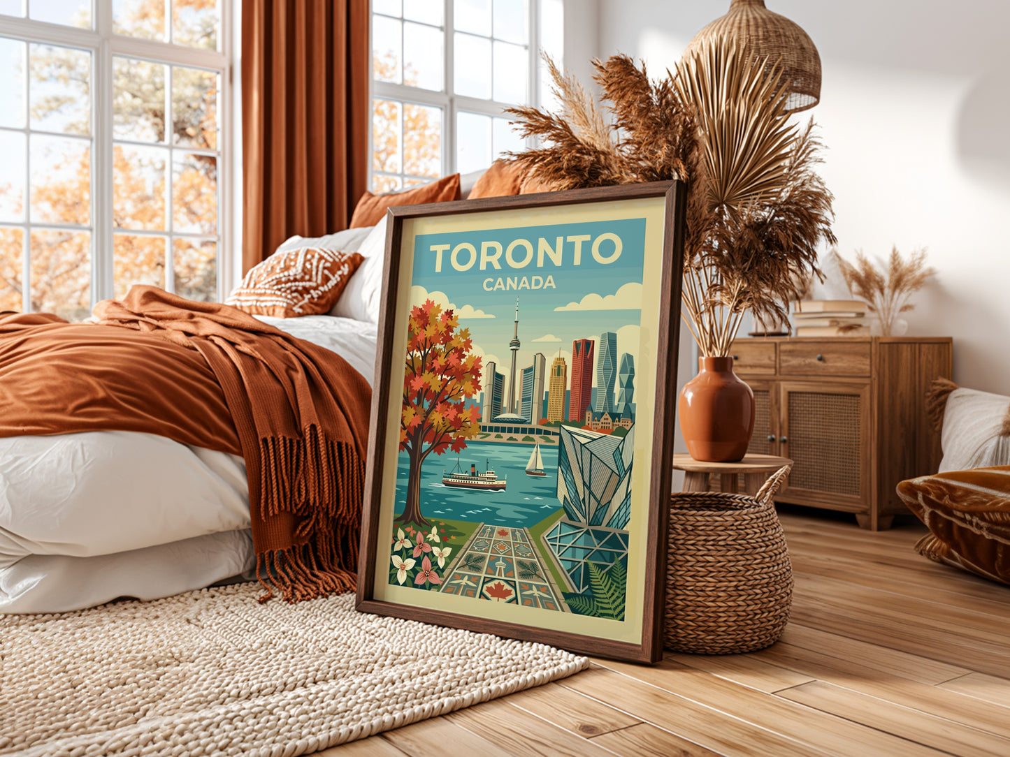 Toronto skyline travel poster with autumn tree and waterfront. Retro cityscape art.
