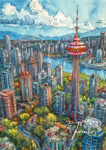 Toronto Watercolour Travel Poster - Canada Artwork
