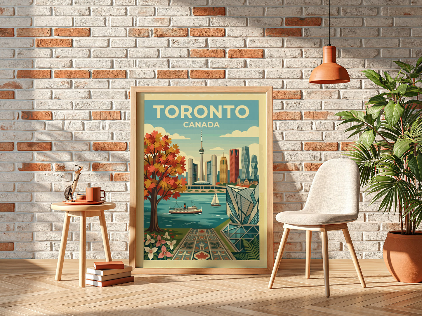 Toronto skyline travel poster with autumn tree and waterfront. Retro cityscape art.