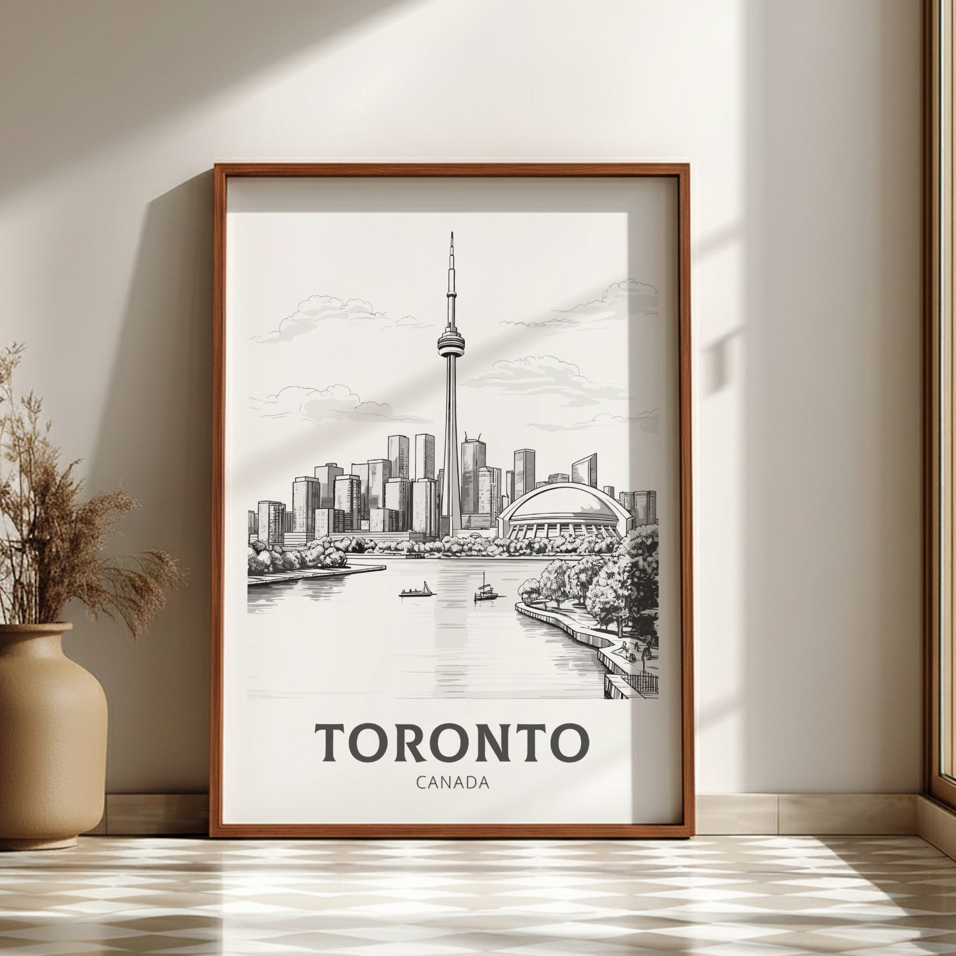 Framed artwork of Toronto skyline on a wall with a vase and plant.