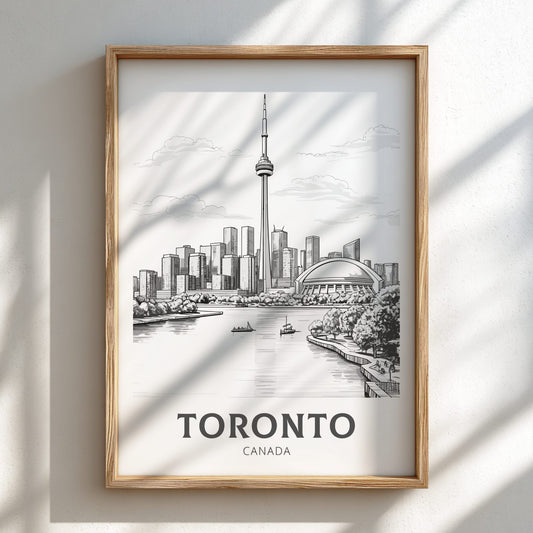 Framed artwork of Toronto skyline with CN Tower on a white background