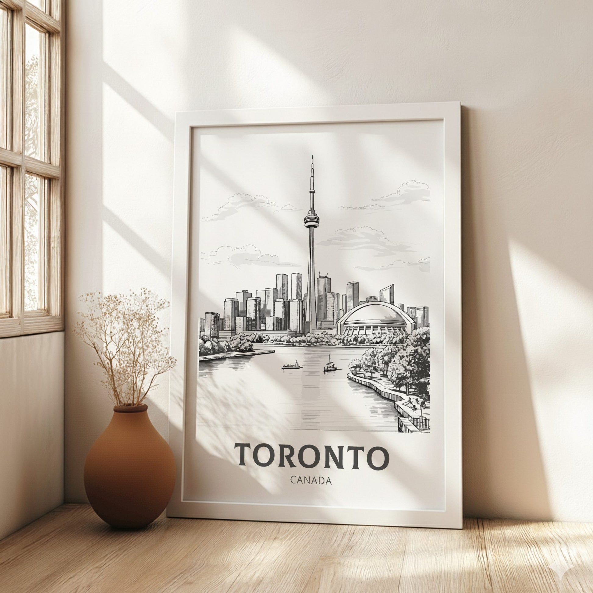 Framed artwork of Toronto skyline on a wall with a vase and plant in the foreground.