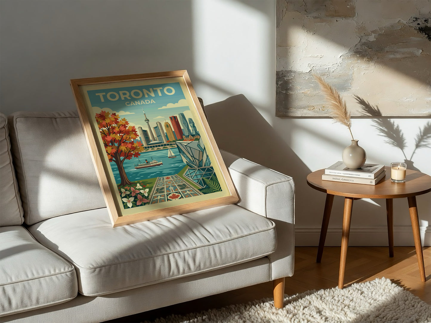 Toronto skyline travel poster with autumn tree and waterfront. Retro cityscape art.