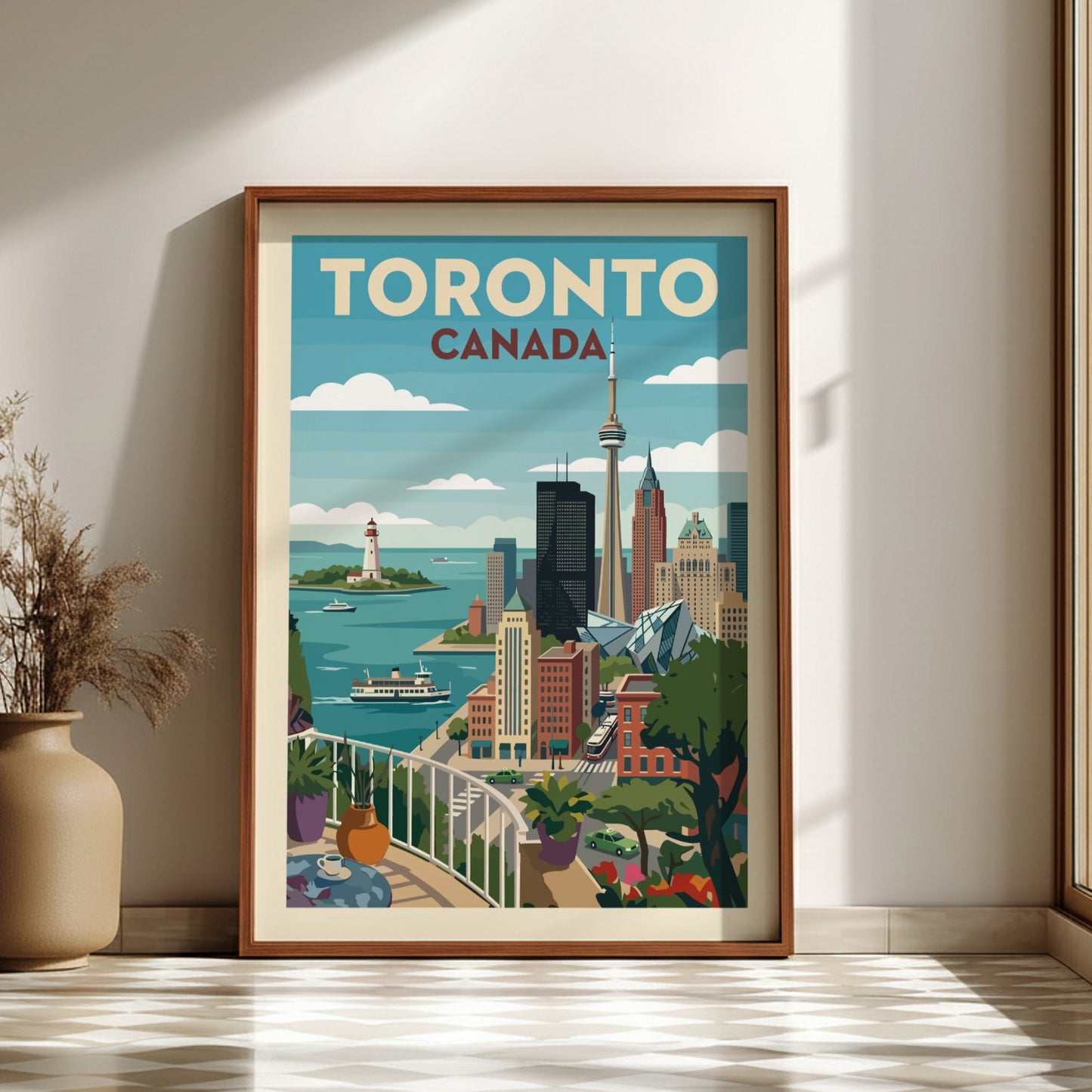 Vintage Toronto skyline travel poster with CN Tower, waterfront, and balcony view. Cityscape art.